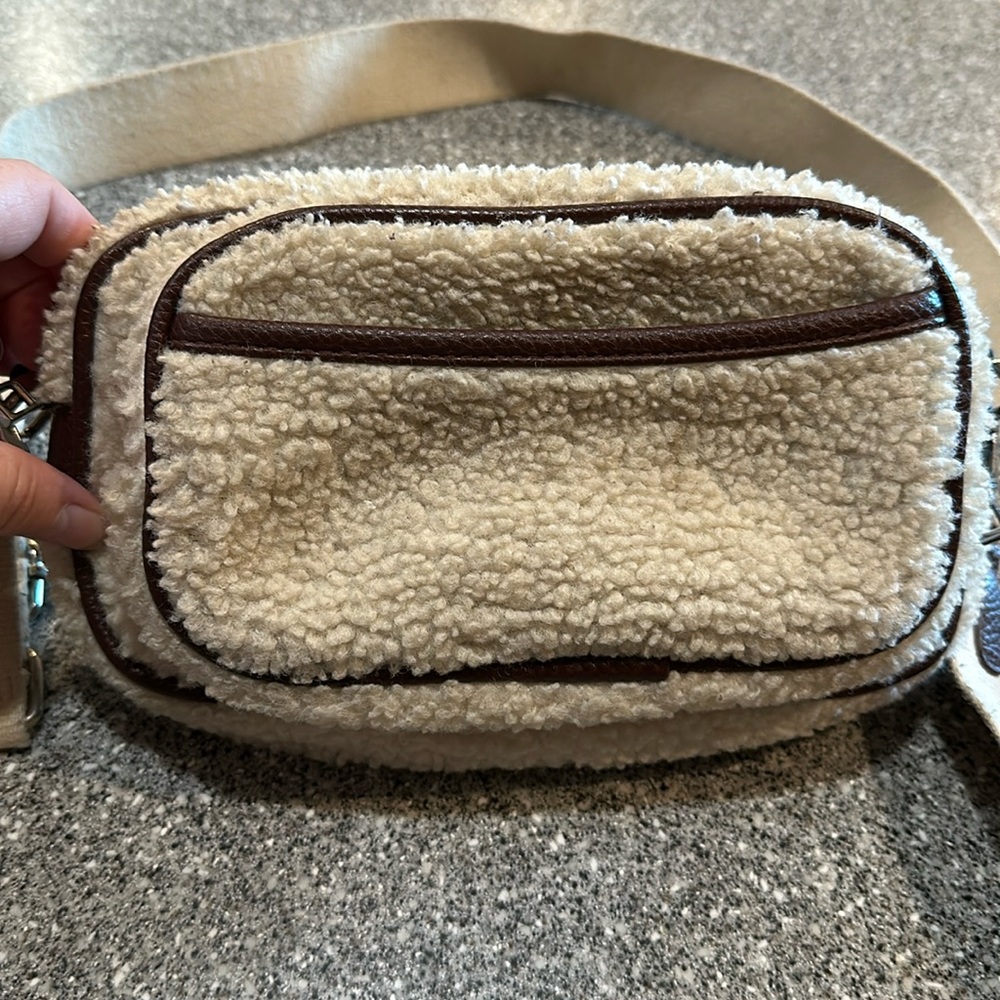 Laundry crossbody purse, off white and brown Sherpa look.